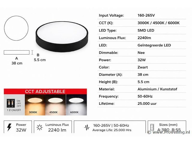 4 x led plafondlamp 32w – 3cct verstelbaar - zwart – ip20 – hazel-32 3cct - afbeelding 4 van  5