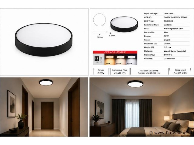 4 x led plafondlamp 32w – 3cct verstelbaar - zwart – ip20 – hazel-32 3cct - afbeelding 5 van  5