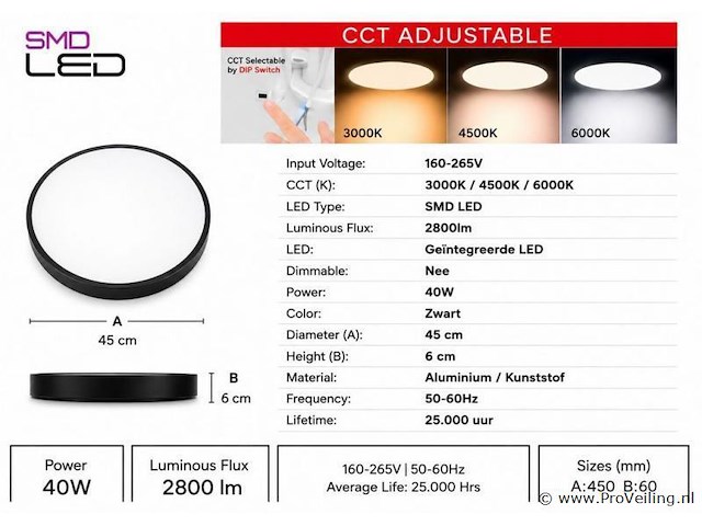 4 x led plafondlamp 40w – 3cct verstelbaar - zwart – ip20 – hazel-40 3cct - afbeelding 4 van  5