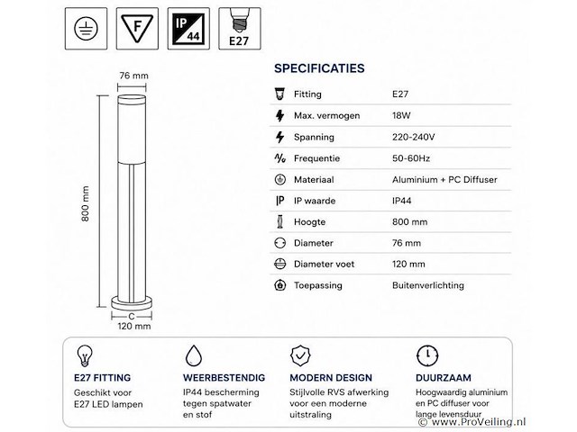 4 x led tuinlamp – e27 – ip44 – zwart – 80cm – buitenverlichting – kavak-5 - afbeelding 4 van  5