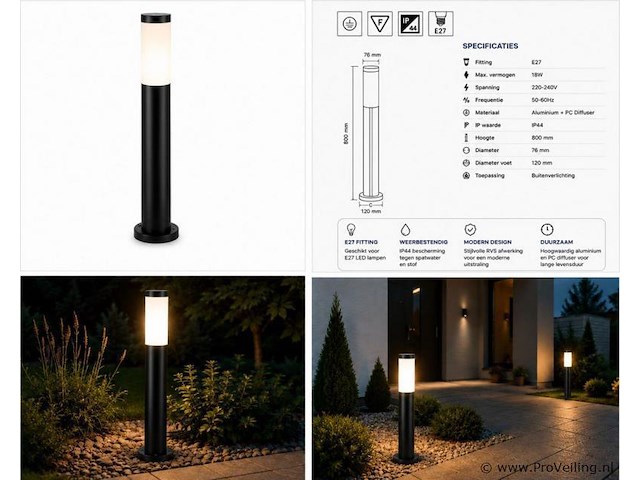4 x led tuinlamp – e27 – ip44 – zwart – 80cm – buitenverlichting – kavak-5 - afbeelding 5 van  5