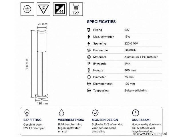 4 x led tuinlamp – e27 – ip44 – zwart – 80cm – buitenverlichting – kavak-5 - afbeelding 4 van  5