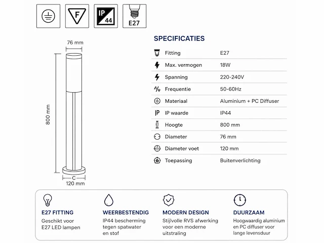 4 x led tuinlamp – e27 – ip44 – zwart – 80cm – buitenverlichting – kavak-5 - afbeelding 6 van  15