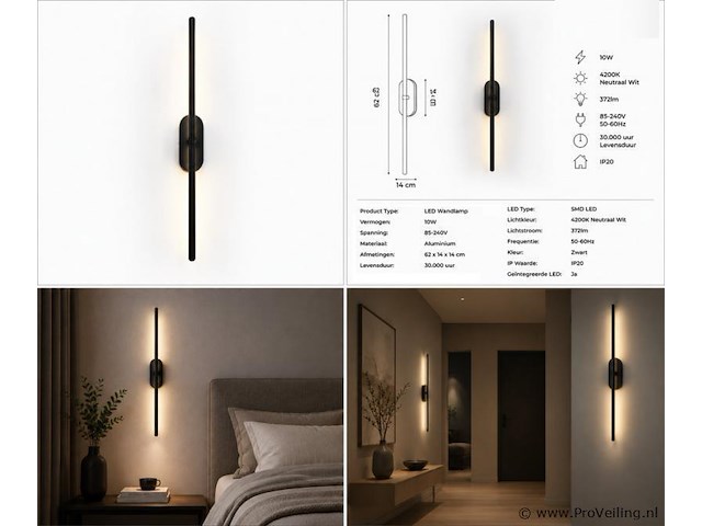 4 x led wandlamp 10w – 4200k neutraal wit - zwart – ip20 – salda-10 - afbeelding 5 van  5