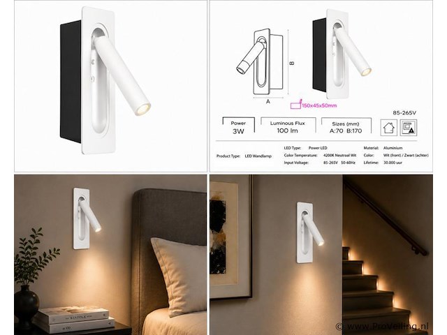 4 x led wandlamp 3w – 4200k neutraal wit - wit – ip20 – belek - afbeelding 5 van  5