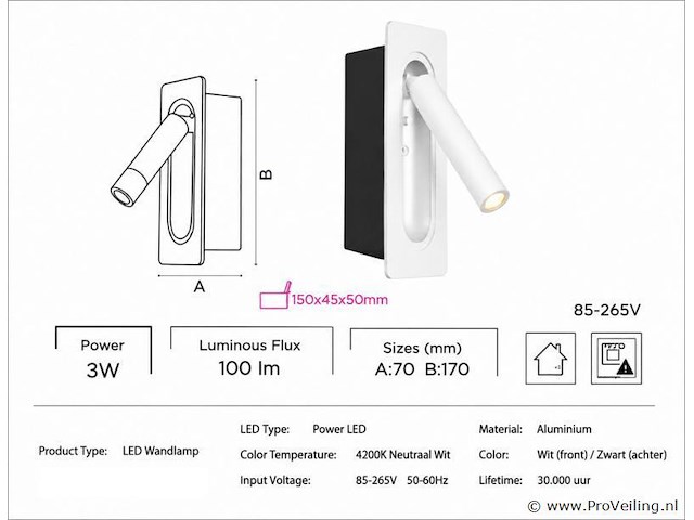 4 x led wandlamp 3w – 4200k neutraal wit - wit – ip20 – belek - afbeelding 4 van  5