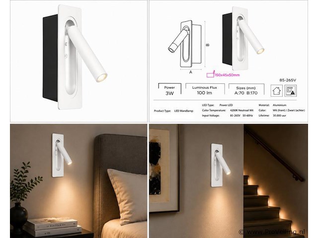4 x led wandlamp 3w – 4200k neutraal wit - wit – ip20 – belek - afbeelding 5 van  5
