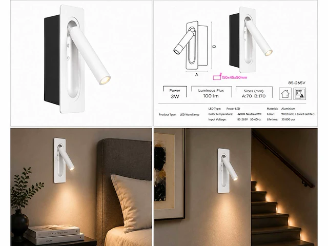 4 x led wandlamp 3w – 4200k neutraal wit - wit – ip20 – belek - afbeelding 3 van  17