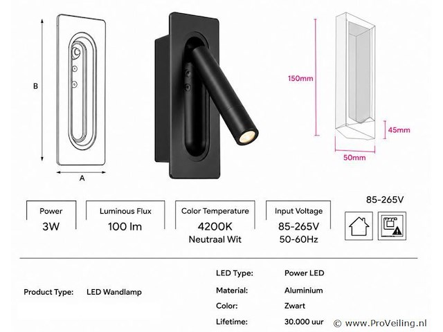 4 x led wandlamp 3w – 4200k neutraal wit - zwart – ip20 – belek - afbeelding 4 van  5