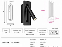 4 x led wandlamp 3w – 4200k neutraal wit - zwart – ip20 – belek - afbeelding 4 van  5