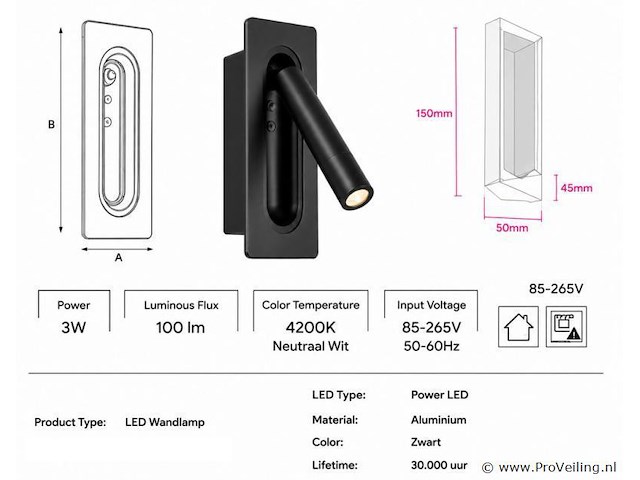 4 x led wandlamp 3w – 4200k neutraal wit - zwart – ip20 – belek - afbeelding 4 van  5