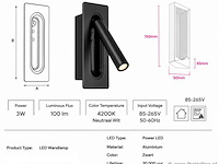 4 x led wandlamp 3w – 4200k neutraal wit - zwart – ip20 – belek - afbeelding 4 van  5