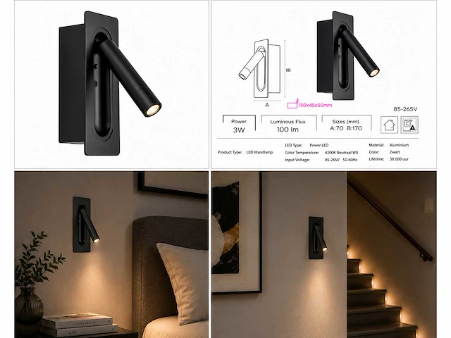 4 x led wandlamp 3w – 4200k neutraal wit - zwart – ip20 – belek - afbeelding 7 van  15