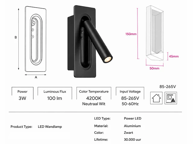 4 x led wandlamp 3w – 4200k neutraal wit - zwart – ip20 – belek - afbeelding 10 van  15