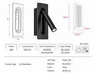 4 x led wandlamp 3w – 4200k neutraal wit - zwart – ip20 – belek - afbeelding 4 van  5