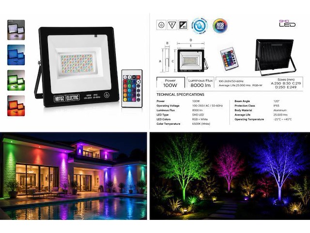 4 x rgb led floodlight 100w - zwart – ip65 – remix-100 - afbeelding 5 van  5