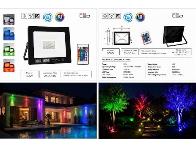 4 x rgb led floodlight 30w - zwart – ip65 – remix-30 - afbeelding 5 van  5