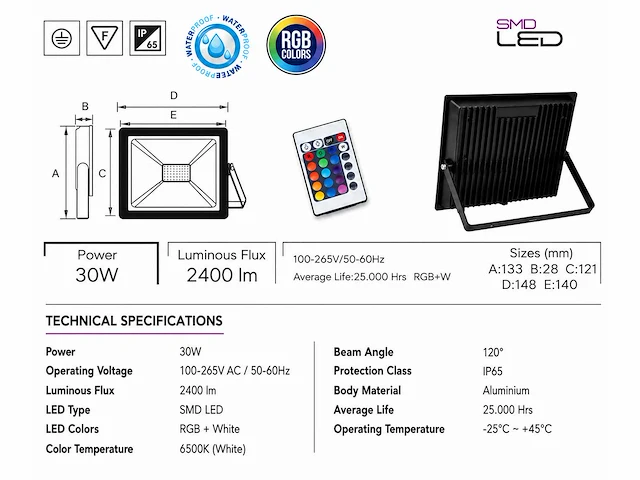 4 x rgb led floodlight 30w - zwart – ip65 – remix-30 - afbeelding 4 van  5