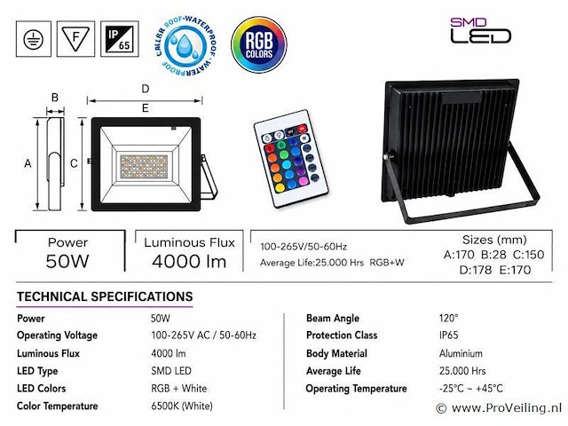 4 x rgb led floodlight 50w - zwart – ip65 – remix-50 - afbeelding 4 van  5