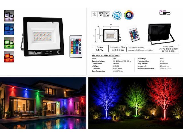 4 x rgb led floodlight 50w - zwart – ip65 – remix-50 - afbeelding 5 van  5