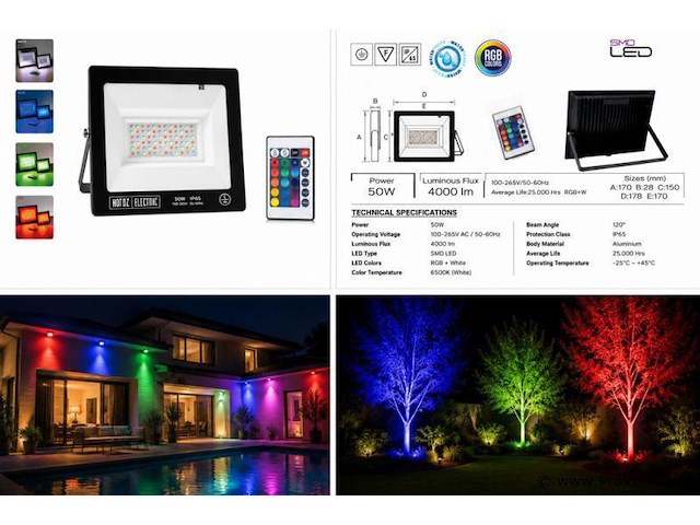 4 x rgb led floodlight 50w - zwart – ip65 – remix-50 - afbeelding 5 van  5