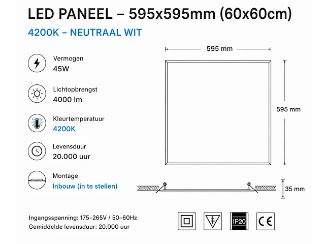 40 x led paneel 45w – 4200k neutraal wit - 595x595mm – ip20 – galaksi - afbeelding 4 van  5