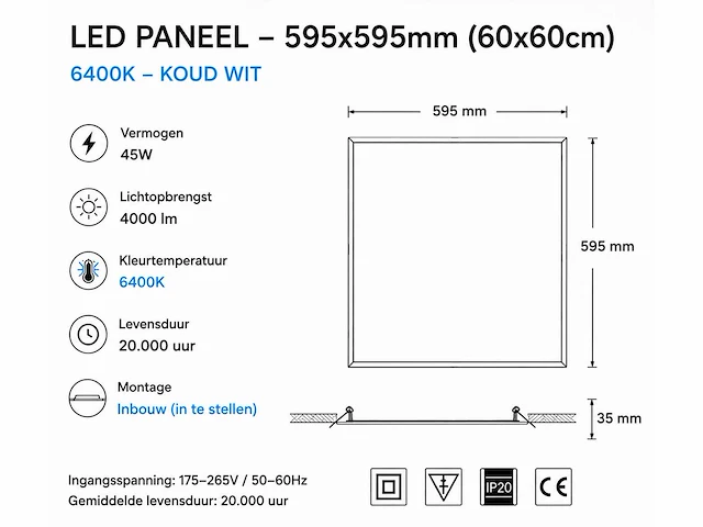 40 x led paneel 45w – 6400k koud wit - 595x595mm – ip20 – galaksi - afbeelding 4 van  5
