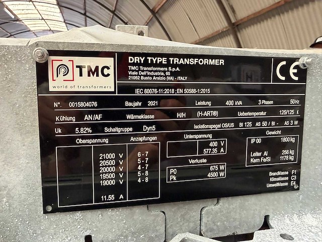 400 kva tmc transformator 20.000/400 volt dry type. ongebruikt. - afbeelding 8 van  8
