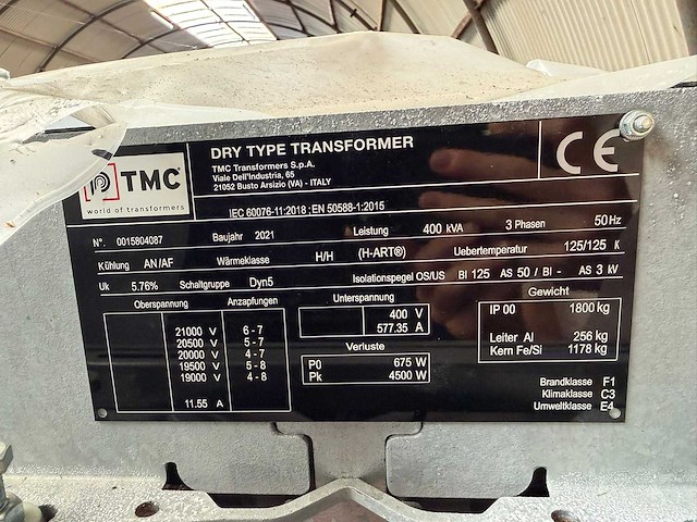 400 kva tmc transformator 20.000/400 volt dry type. ongebruikt. - afbeelding 8 van  8