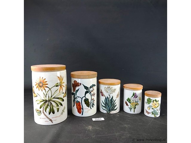 5 portmeirion botanic garden voorraadpotten met houten deksel - afbeelding 1 van  5