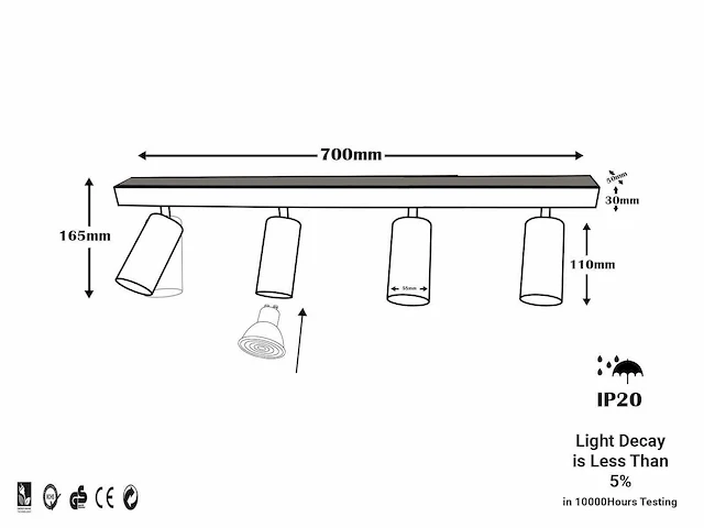 5 x gu10 opbouwspot armatuur – 4 draaibare spots – ip20 – zwart - afbeelding 5 van  5