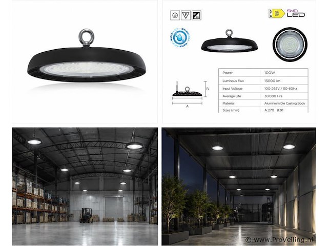 5 x led highbay ufo – 100w – 6400k koud wit – ip65 – agora-100 - afbeelding 5 van  5