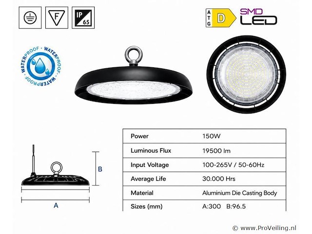5 x led highbay ufo – 150w – 6400k koud wit – ip65 – agora-150 - afbeelding 4 van  5