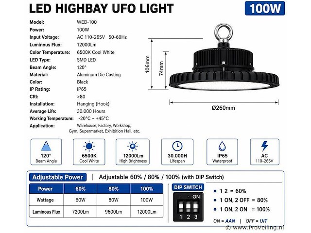 5 x led highbay ufo pro 100w – instelbaar 60% / 80% / 100% – 6500k – web-100 - afbeelding 5 van  6