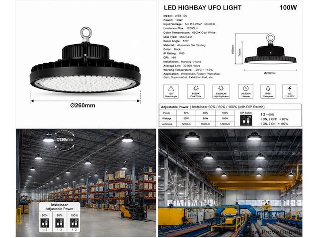 5 x led highbay ufo pro 100w – instelbaar 60% / 80% / 100% – 6500k – web-100 - afbeelding 6 van  6