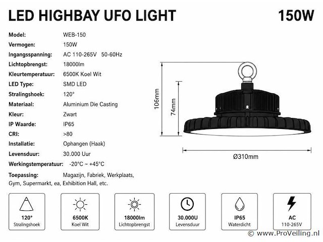 5 x led highbay ufo pro 150w – instelbaar 60% / 80% / 100% – 6500k – web-150 - afbeelding 5 van  6