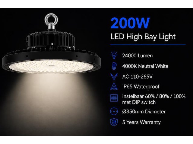 5 x led highbay ufo pro 200w – instelbaar 60% / 80% / 100% – 4000k – web-200 - afbeelding 1 van  5