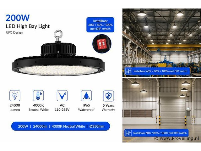5 x led highbay ufo pro 200w – instelbaar 60% / 80% / 100% – 4000k – web-200 - afbeelding 3 van  5