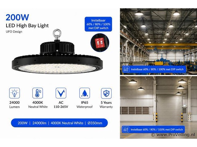 5 x led highbay ufo pro 200w – instelbaar 60% / 80% / 100% – 4000k – web-200 - afbeelding 3 van  5