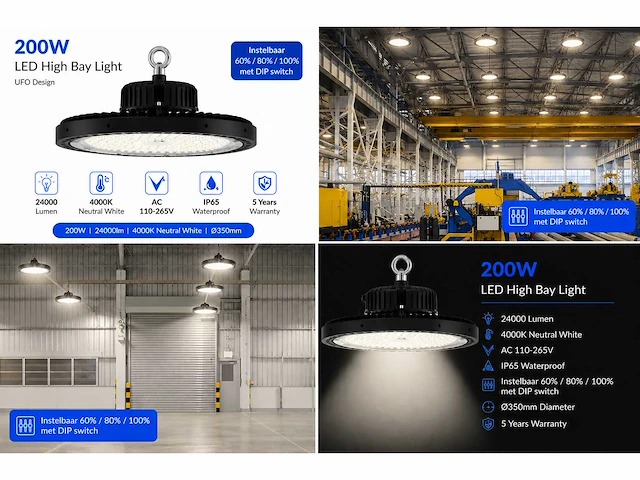 5 x led highbay ufo pro 200w – instelbaar 60% / 80% / 100% – 4000k – web-200 - afbeelding 5 van  5