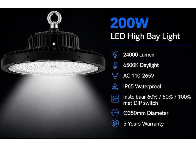 5 x led highbay ufo pro 200w – instelbaar 60% / 80% / 100% – 6500k – web-200 - afbeelding 1 van  6