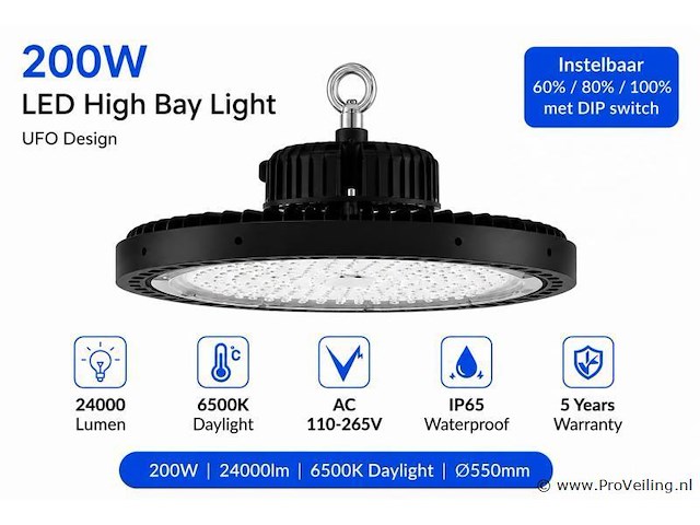 5 x led highbay ufo pro 200w – instelbaar 60% / 80% / 100% – 6500k – web-200 - afbeelding 3 van  6