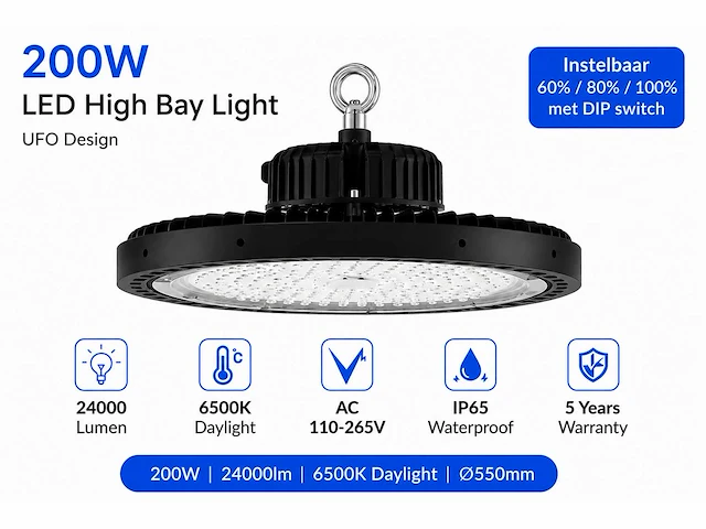 5 x led highbay ufo pro 200w – instelbaar 60% / 80% / 100% – 6500k – web-200 - afbeelding 2 van  6