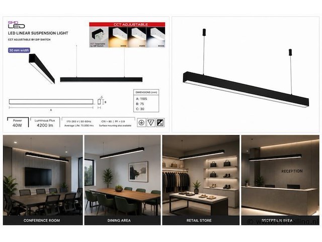 5 x led lineaire hanglamp 40w – 3cct instelbaar - zwart – innova3-40 3cct - afbeelding 5 van  5
