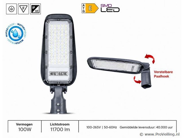 5 x led straatlamp 100w – 6400k koud wit - grijs – ip65 – florida-100 - afbeelding 1 van  5