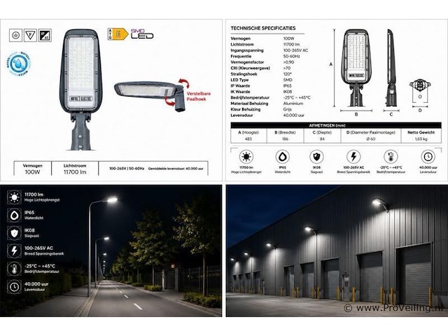 5 x led straatlamp 100w – 6400k koud wit - grijs – ip65 – florida-100 - afbeelding 5 van  5