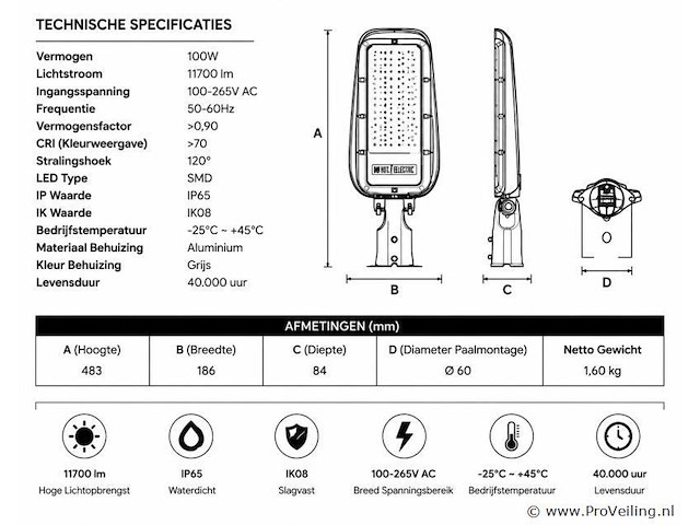5 x led straatlamp 100w – 6400k koud wit - grijs – ip65 – florida-100 - afbeelding 4 van  5