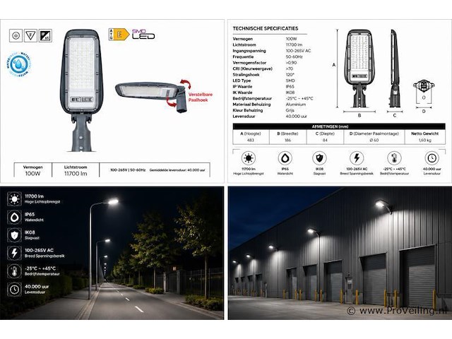 5 x led straatlamp 100w – 6400k koud wit - grijs – ip65 – florida-100 - afbeelding 5 van  5