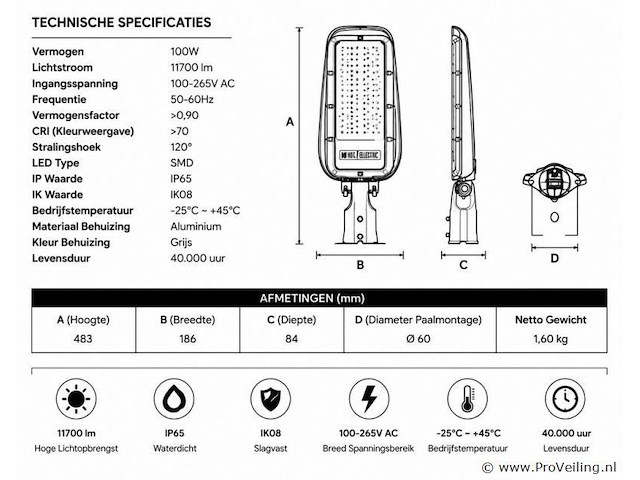 5 x led straatlamp 100w – 6400k koud wit - grijs – ip65 – florida-100 - afbeelding 4 van  5