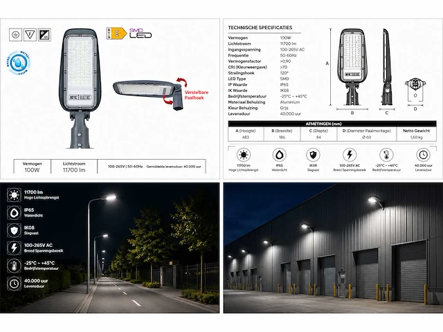 5 x led straatlamp 100w – 6400k koud wit - grijs – ip65 – florida-100 - afbeelding 3 van  3